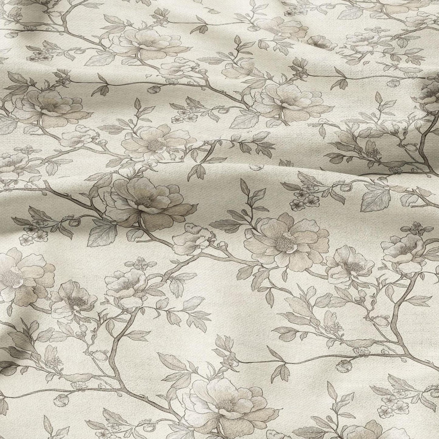100% LINEN Fabric - beige Wild roses blossom print on white linen - floral botanical French Provence - upholstery sewing dress 2200