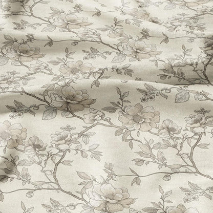 100% LINEN Fabric - beige Wild roses blossom print on white linen - floral botanical French Provence - upholstery sewing dress 2200
