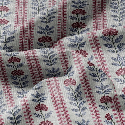 100% LINEN Fabric print Stripe red flower gray - Roses oatmeal linen fabric with botanical print - heavy for home decor clothing 3091