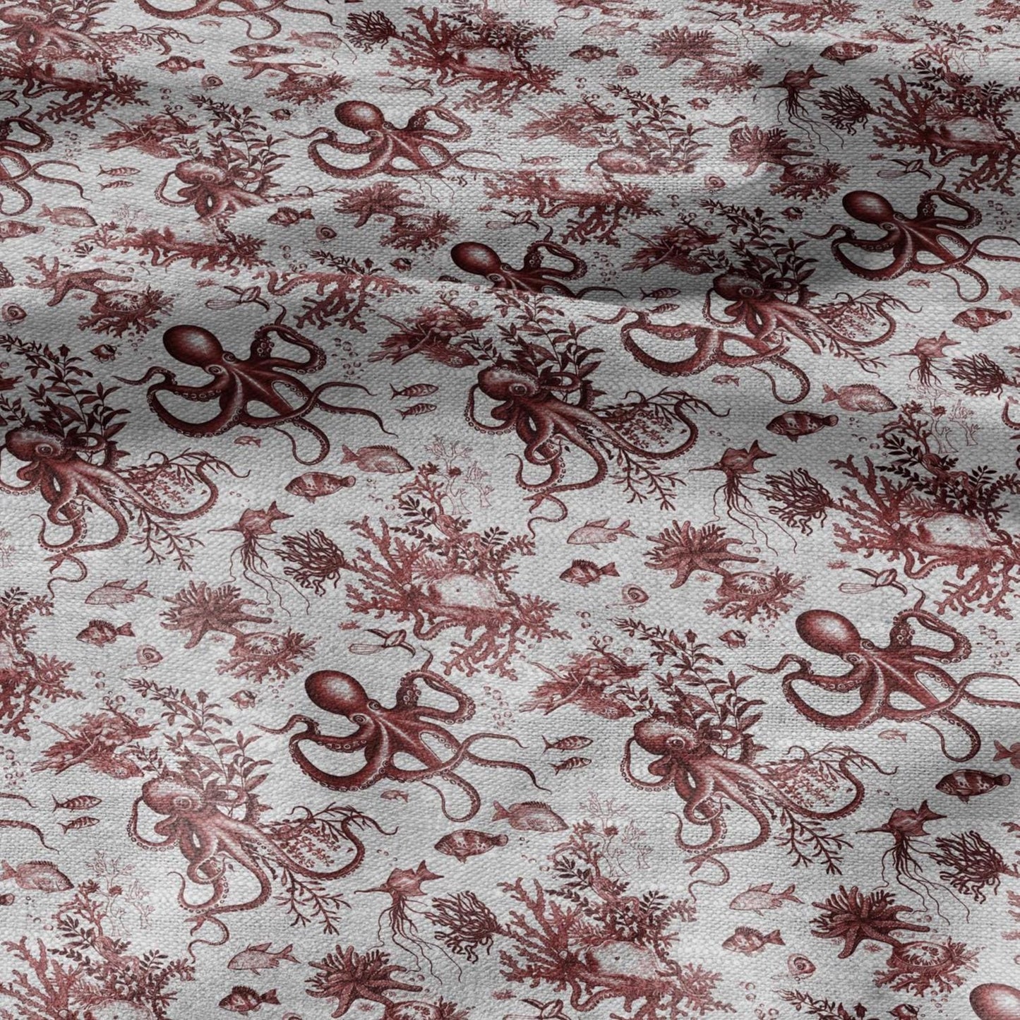 100% LINEN Fabric toile de jouy OCTOPUS Nautical print - red on oatmeal linen - coastal print for upholstery home decor clothing 306S