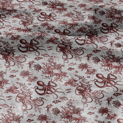 100% LINEN Fabric toile de jouy OCTOPUS Nautical print - red on oatmeal linen - coastal print for upholstery home decor clothing 306S