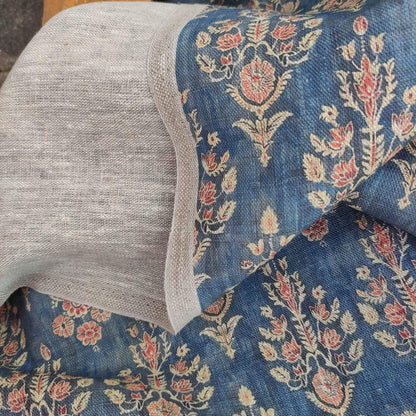 100% LINEN Fabric block print, oatmeal natur linen fabric with blue floral print, heavy linen fabric for upholstery home decor 322
