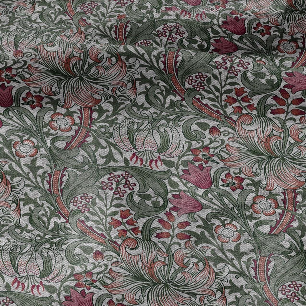 100% LINEN Fabric William Morris Golden Lily - oatmeal linen fabric with botanical print - Victorian Art Craft Historical green red 3230
