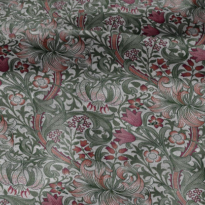 100% LINEN Fabric William Morris Golden Lily - oatmeal linen fabric with botanical print - Victorian Art Craft Historical green red 3230