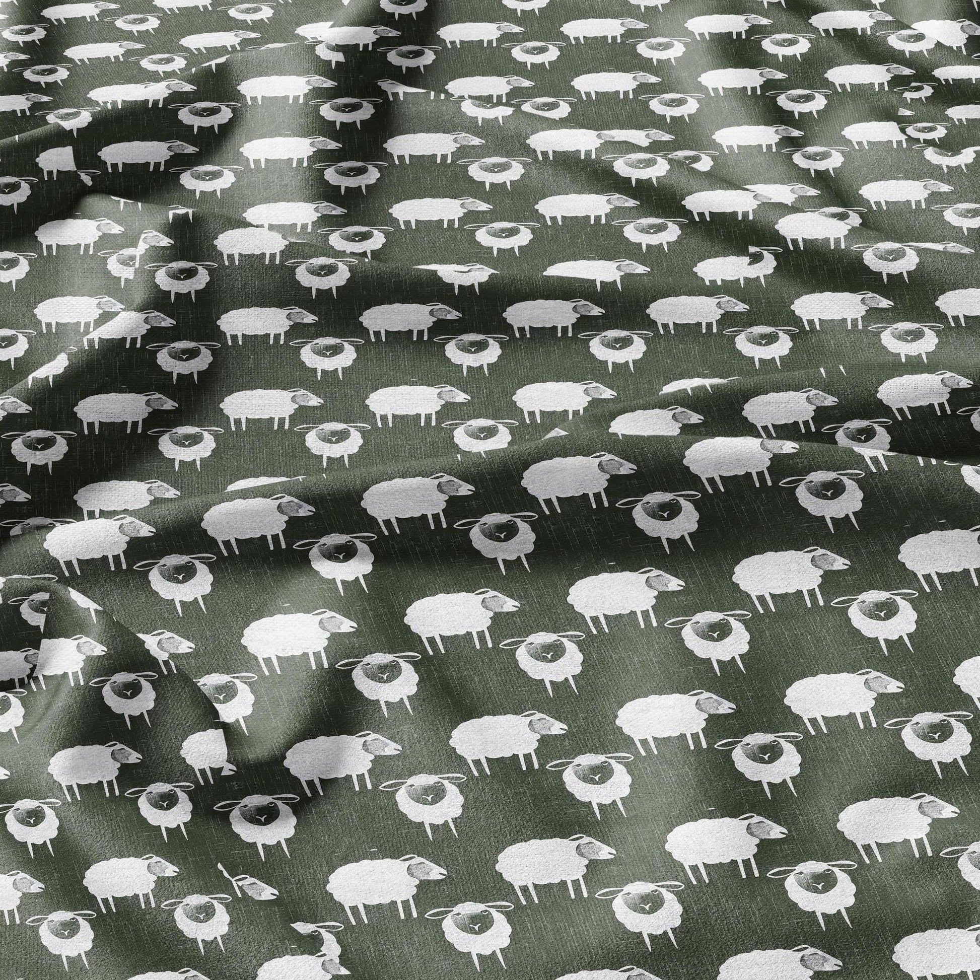 100% LINEN Fabric Sheep green white - white graphic fabric print - Scandinavian linen Modern Nursery fabric