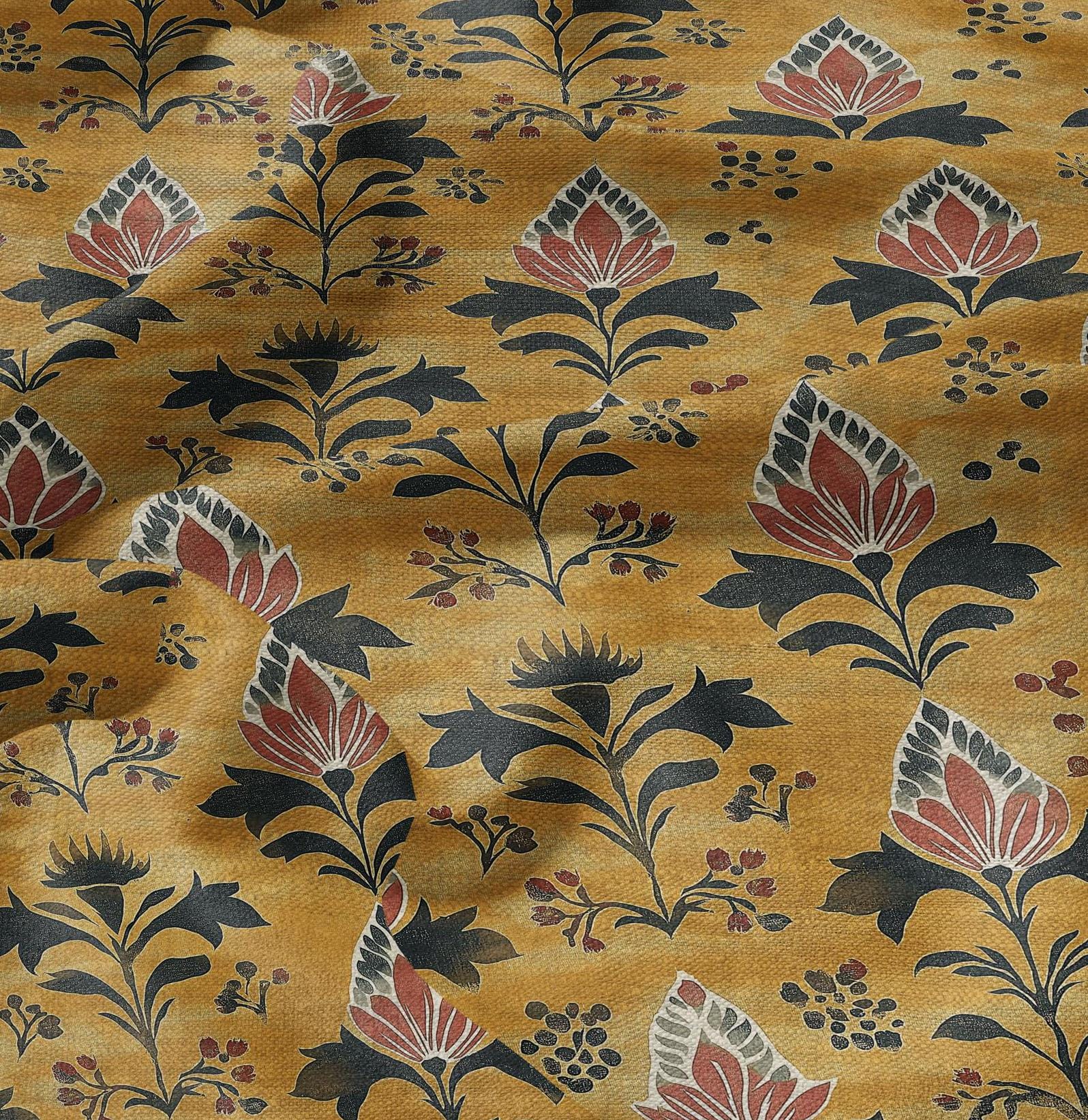 100% LINEN Fabric block print in mustard yellow - linen fabric with mustard floral print - linen fabric upholstery home decor dressmaking