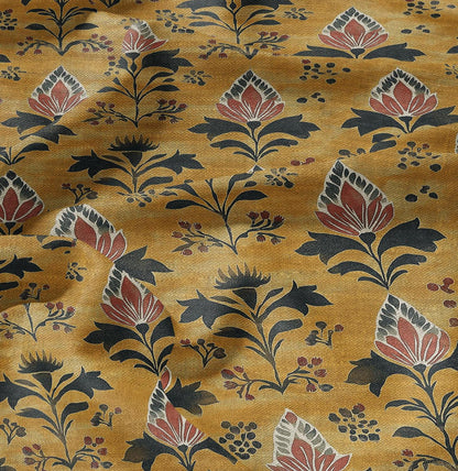 100% LINEN Fabric block print in mustard yellow - linen fabric with mustard floral print - linen fabric upholstery home decor dressmaking