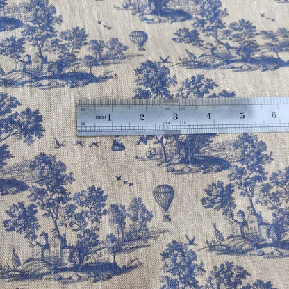 100% LINEN Fabric Toile de Jouy with air Balloon, oatmeal natur linen fabric with blue indigo  print, coastal French linen fabric upholstery
