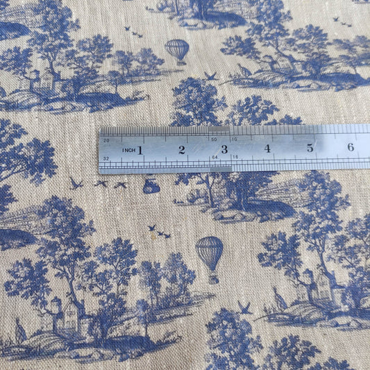 100% LINEN Fabric Toile de Jouy with air Balloon, oatmeal natur linen fabric with blue indigo  print, coastal French linen fabric upholstery