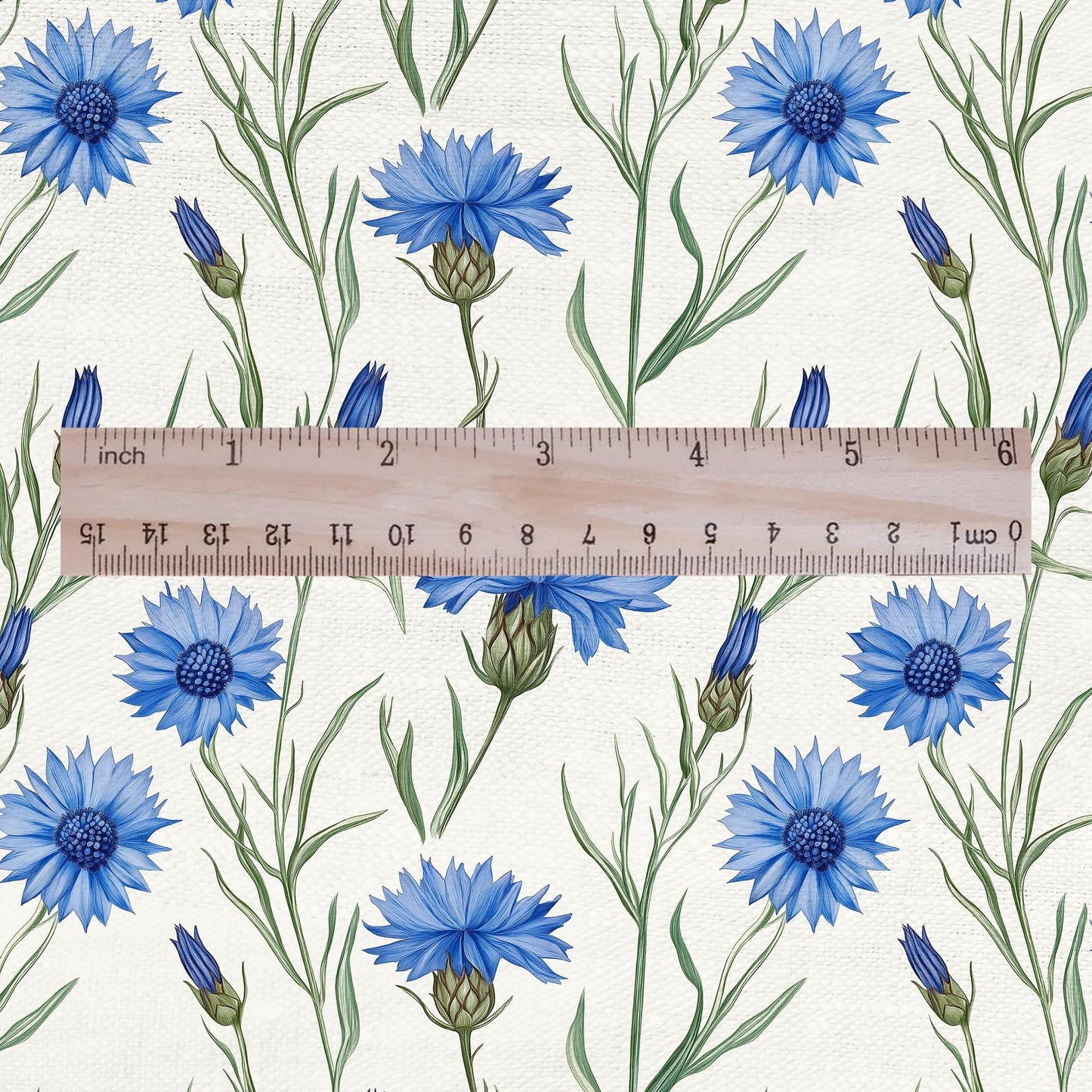 100% LINEN Fabric Block print Cornflower flower - floral upholstery home textile artisan fabrics blue green white 3039