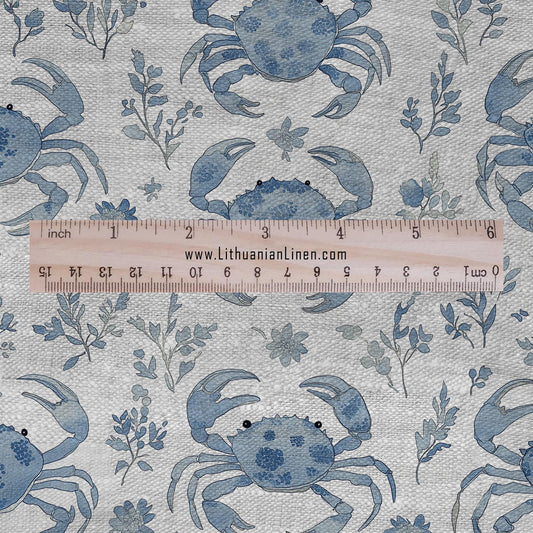 100% LINEN Fabric Crabs blue gray print - Modern vintage fabric - upholstery home decor sewing clothing 2351