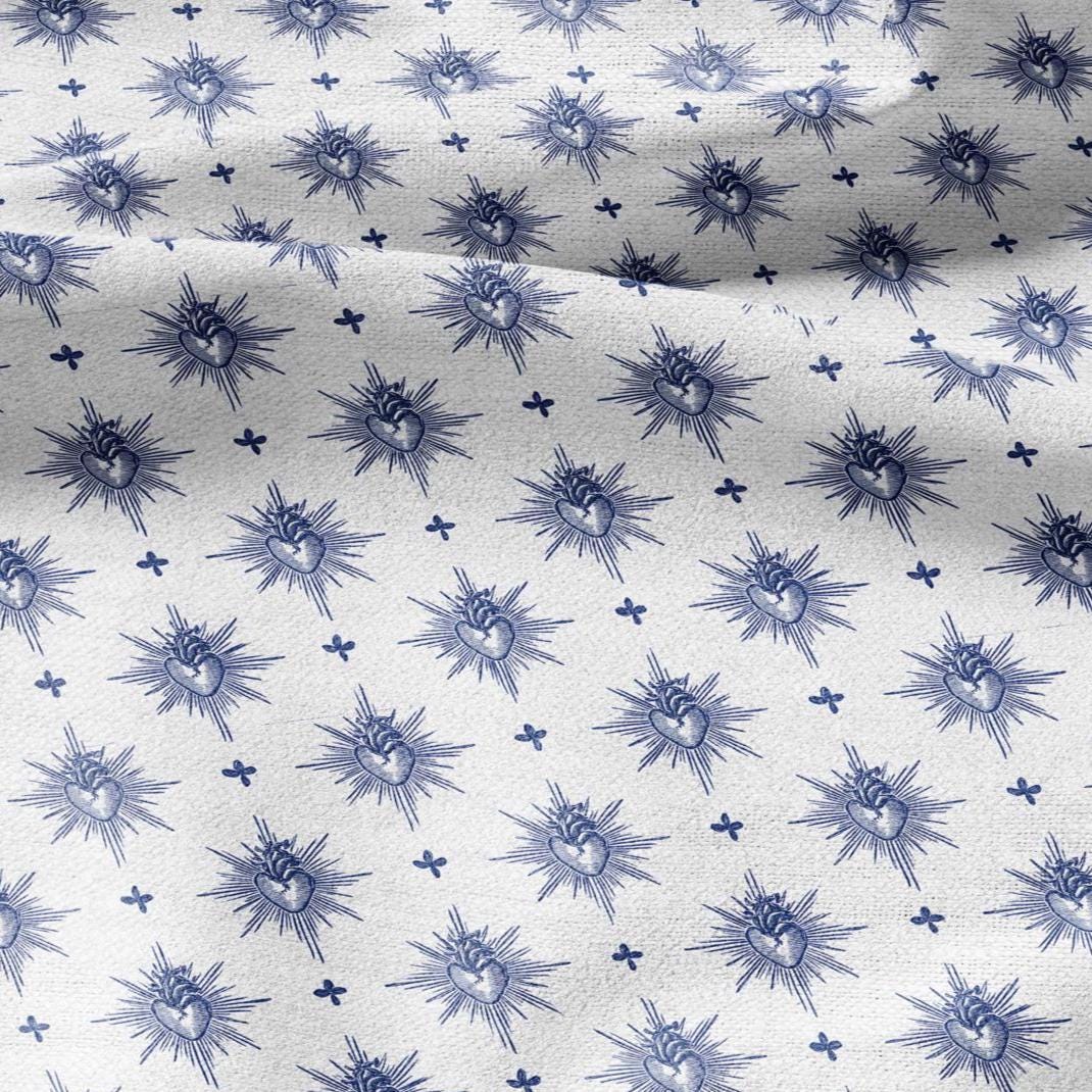 100% LINEN Fabric Sacred heart linen -blue white fabric for upholstery home decor dress making 3006