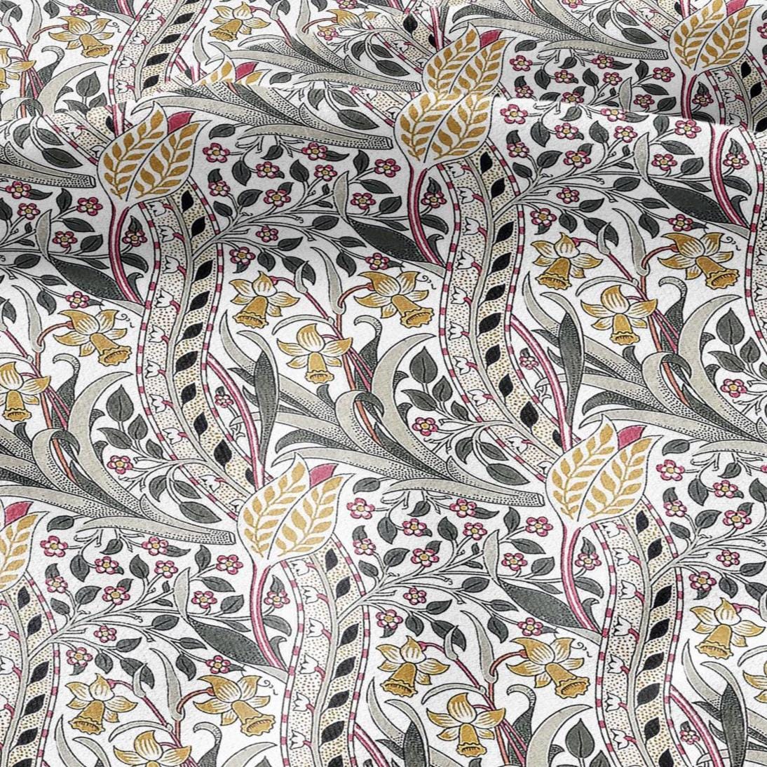 100% LINEN Fabric William Morris Daffodil print - Modern vintage botanical - Victorian Art Craft yellow red 3132