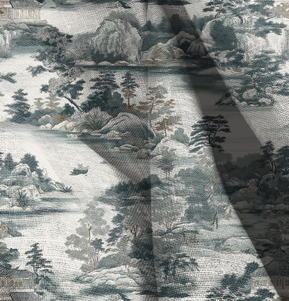 100% LINEN Fabric block print oriental scenery,  linen fabric with stony island print, heavy linen fabric for upholstery home decor