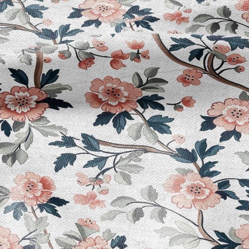 100% LINEN Fabric pink Roses Gulab flower print - botanical upholstery home textile artisan fabrics pink green white 2750