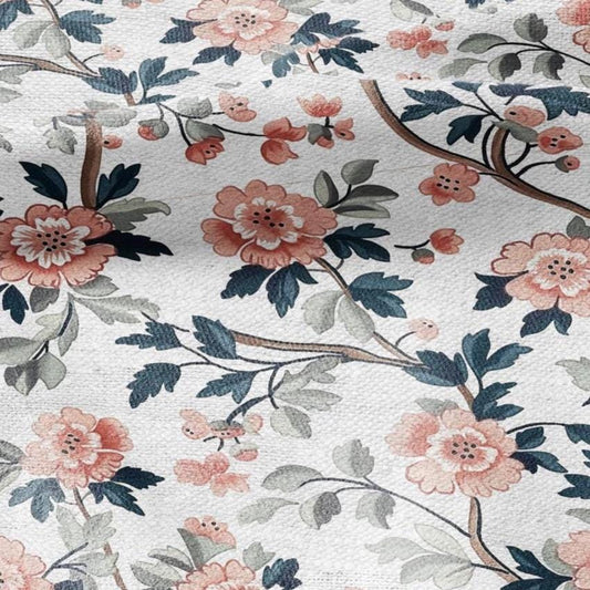 100% LINEN Fabric pink Roses Gulab flower print - botanical upholstery home textile artisan fabrics pink green white 2750