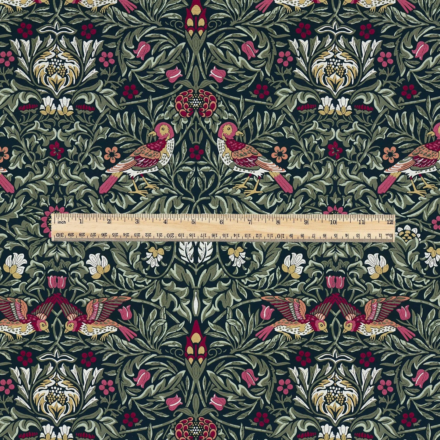 100% LINEN Fabric Modern abstract green Birds - William Morris Victorian Pattern - heavy linen fabric for upholstery home decor 3119