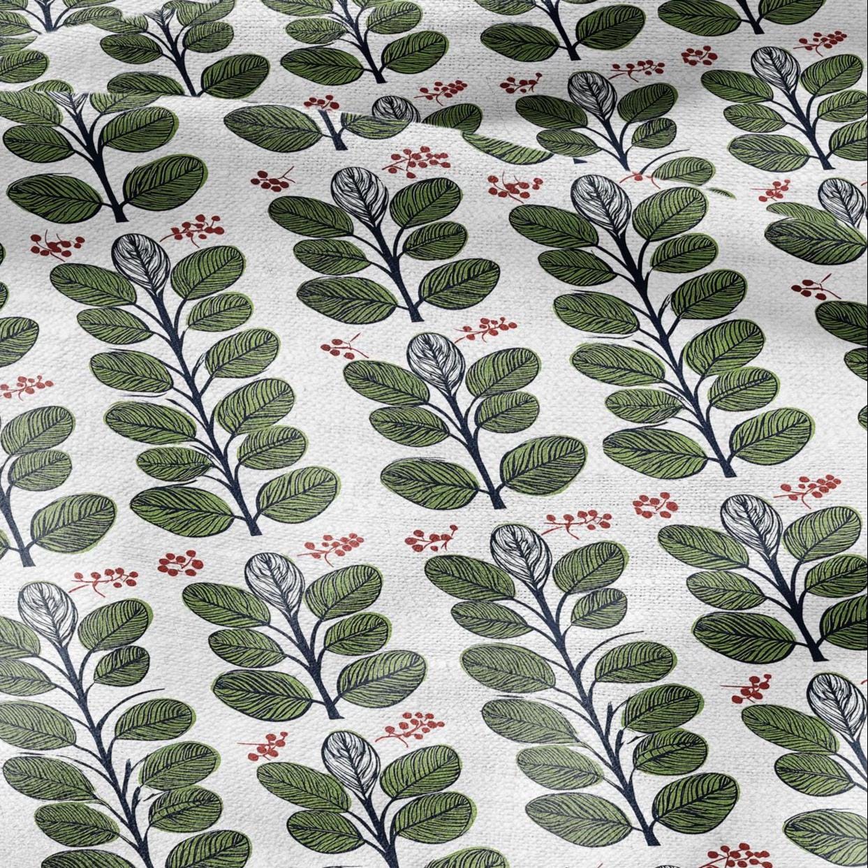 100% LINEN Fabric Swedish Valnot green leaves print - Walnut leaves botanical stripe upholstery home textile artisan green white 2749