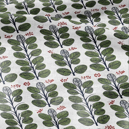100% LINEN Fabric Swedish Valnot green leaves print - Walnut leaves botanical stripe upholstery home textile artisan green white 2749