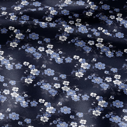 100% LINEN Fabric Japanes blue floral print on white linen - indigo flower on flax fabric for uphlstery heavy / medium for clothing 2579