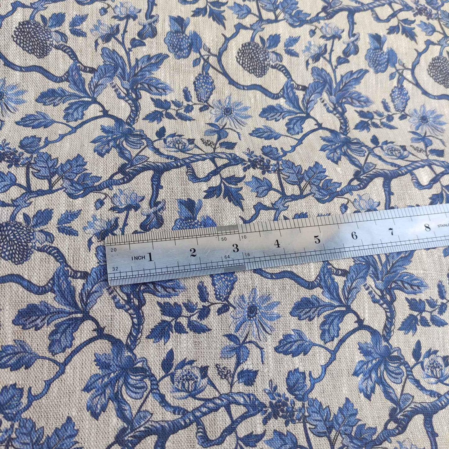 100% LINEN Fabric french blue block print on oatmeal natur linen, floral toile de jouy fabric, French linen floral upholstery 337
