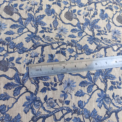 100% LINEN Fabric french blue block print on oatmeal natur linen, floral toile de jouy fabric, French linen floral upholstery 337