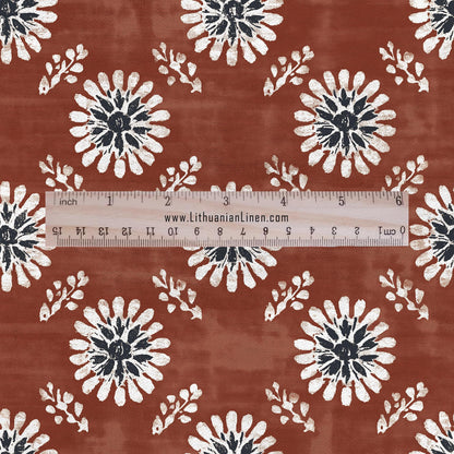 100% LINEN Fabric floral print - muddy brown white stripe block print linen heavy for upholstery home decor - medium for dress making 2808