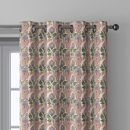 100% linen fabric Paisley floral print - Vintage pink red green botanical  - modern vintage  3414
