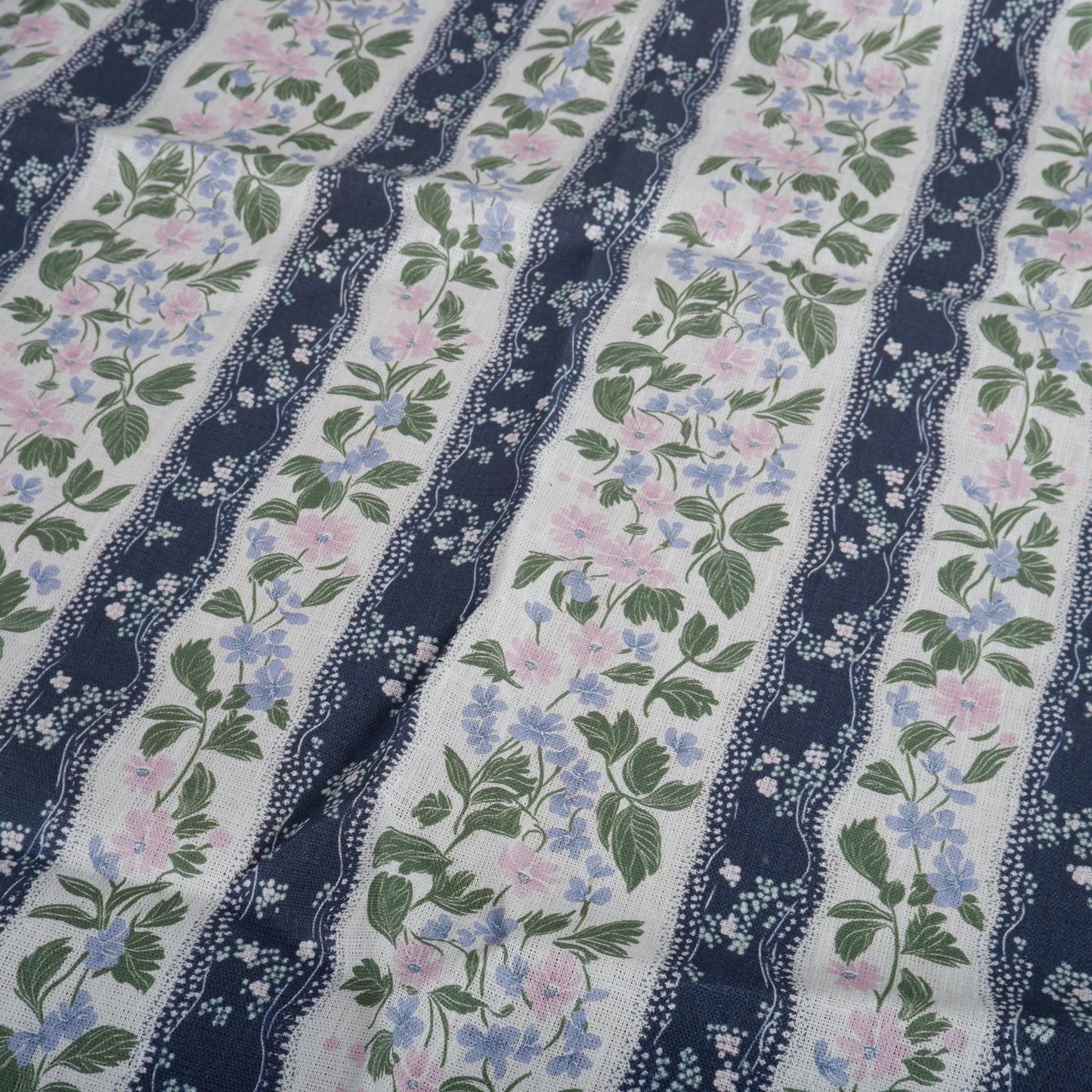 100% LINEN Fabric floral stripe print - mediterranean fabric print navy blue green pink Clematis - linen fabric upholstery dress making 2202