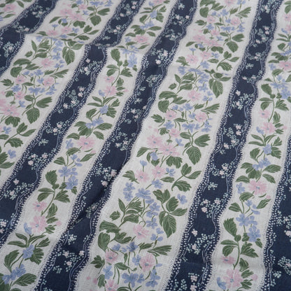 100% LINEN Fabric floral stripe print - mediterranean fabric print navy blue green pink Clematis - linen fabric upholstery dress making 2202