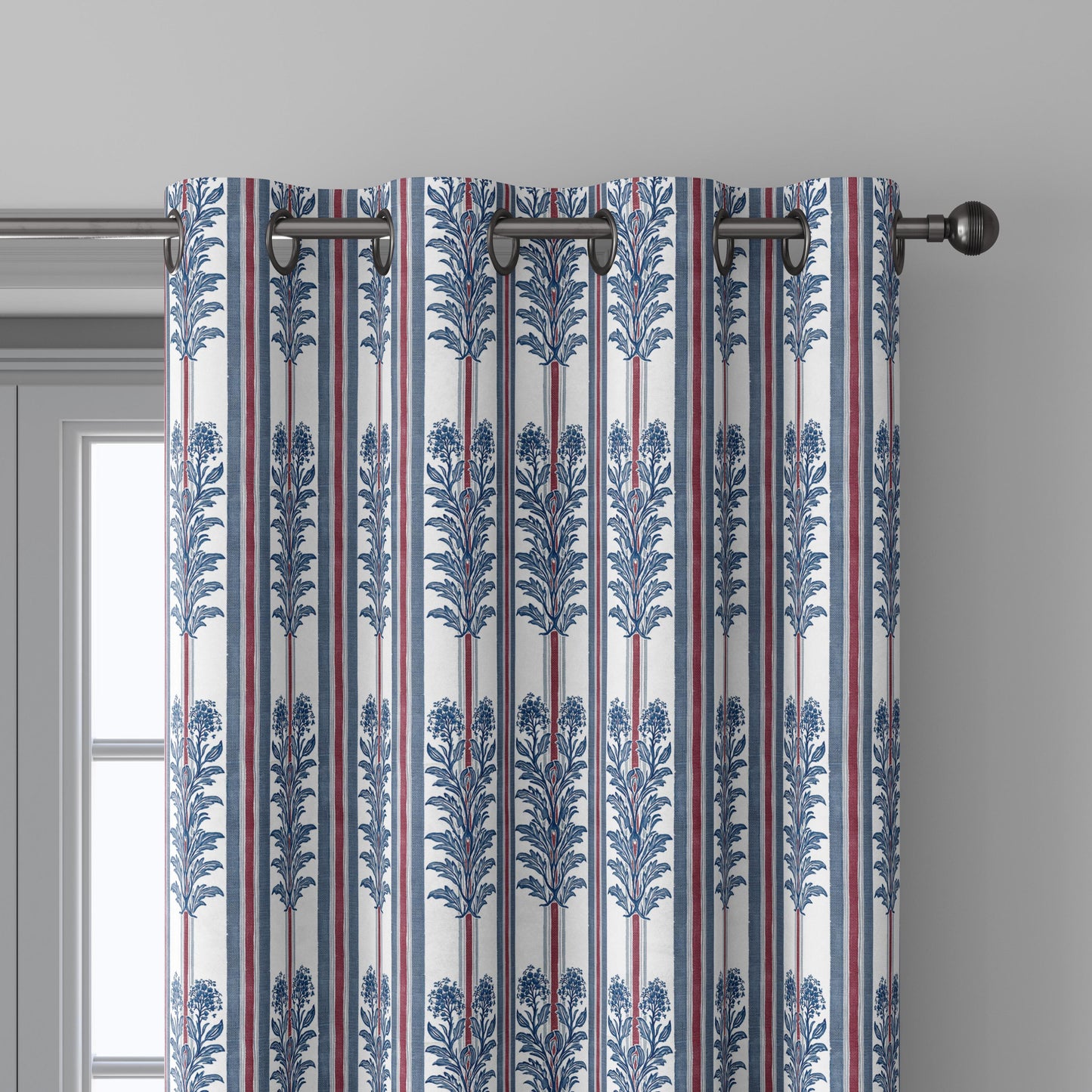 100% linen fabric green blue red tribal floral stripe print - Vintage abstract modern geometric 3404