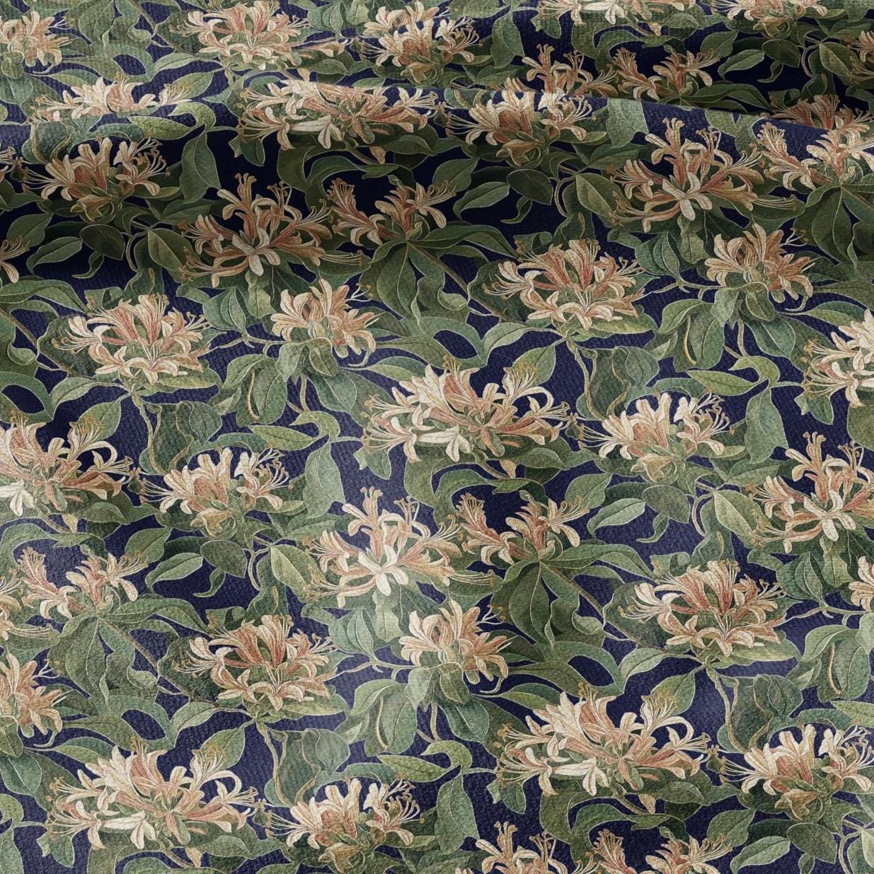 100% LINEN Honeysuckle print - Blue greenery blossom - floral fabric for dress making or home decor 2974