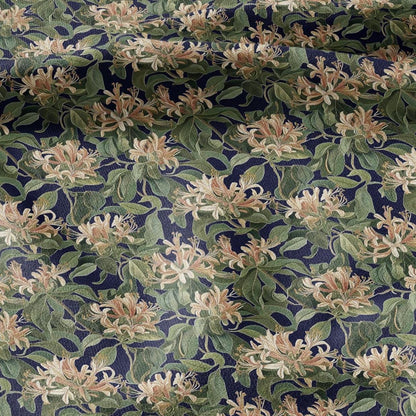 100% LINEN Honeysuckle print - Blue greenery blossom - floral fabric for dress making or home decor 2974