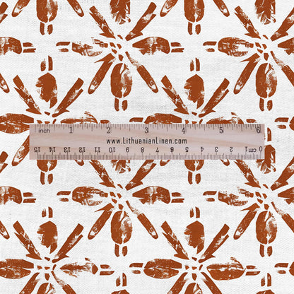 100% LINEN Fabric floral print - Grandmillennial brick red - Modern vintage flower block print upholstery curtains dress making 2928