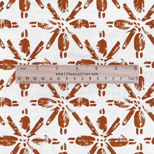 100% LINEN Fabric floral print - Grandmillennial brick red - Modern vintage flower block print upholstery curtains dress making 2928