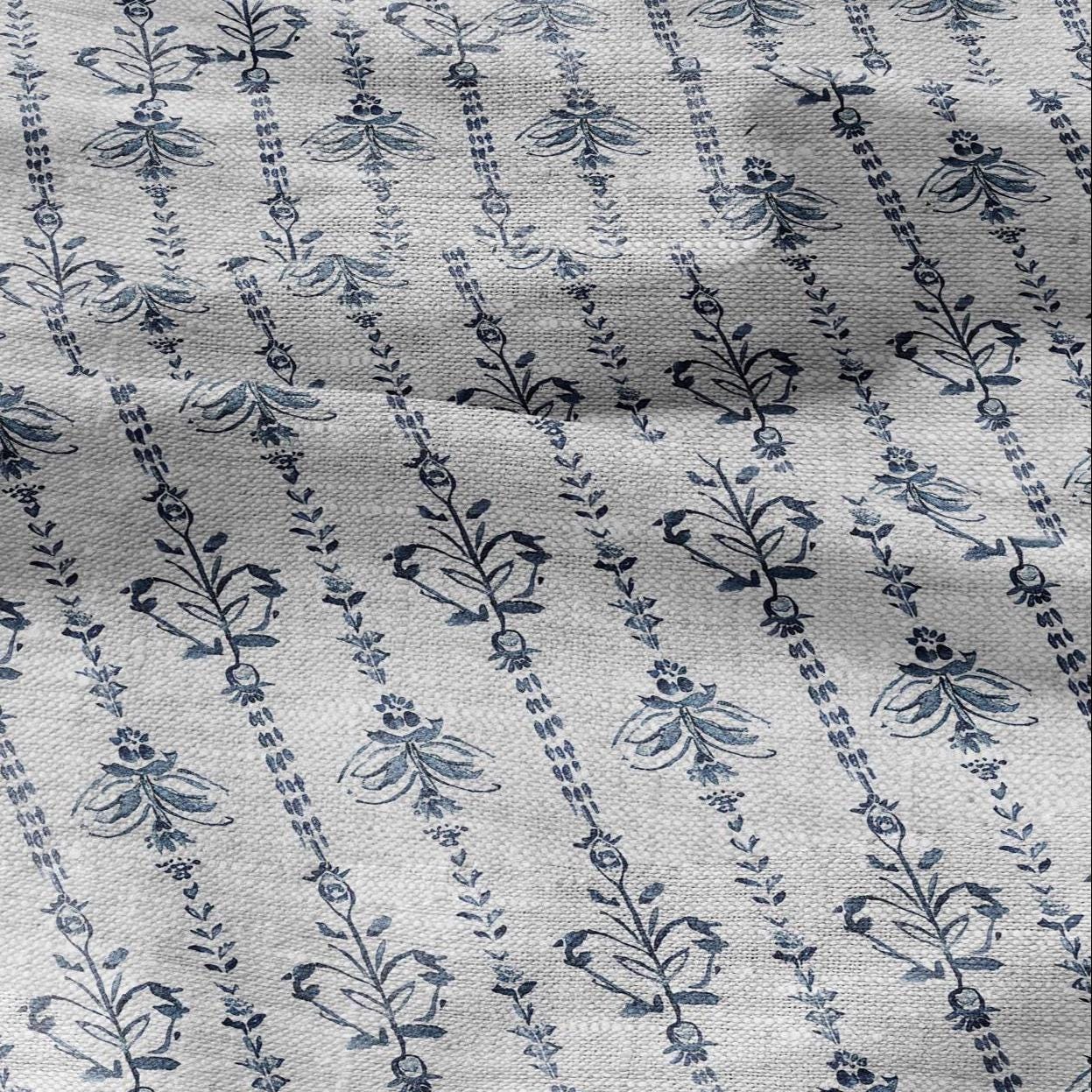 100% LINEN Fabric Block print blue fan - oatmeal linen fabric with japanese print - heavy for home decor clothing 2359