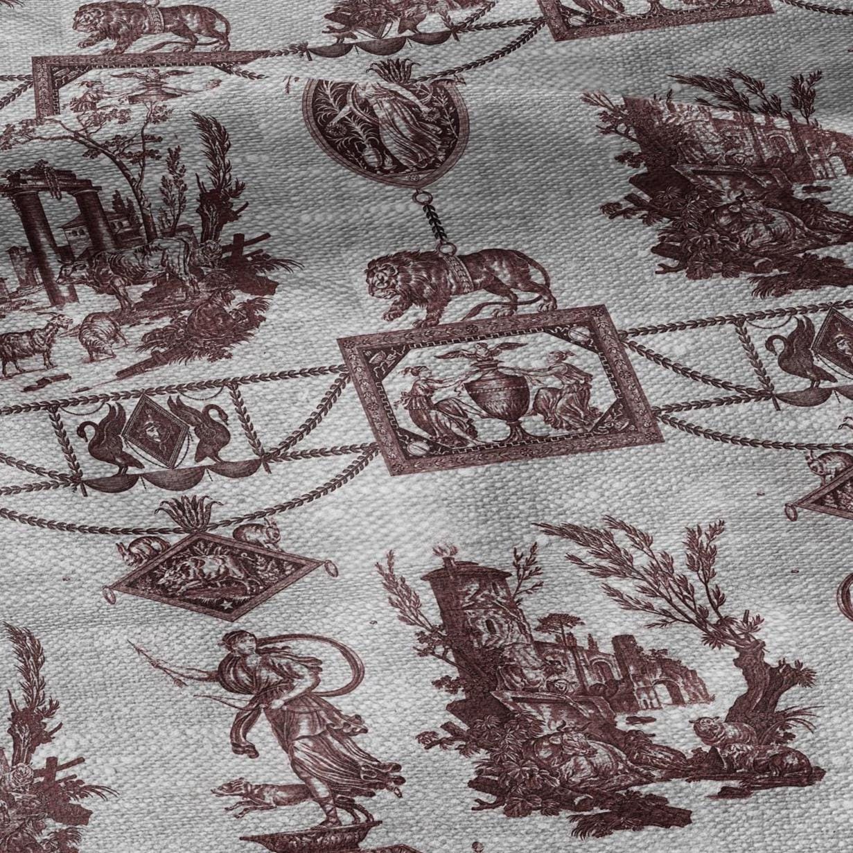 100% LINEN Fabric french red print oatmeal - Goddess Diana with Lion - toile de jouy - Diane chasseresse by Jean-Baptiste Huet 3419