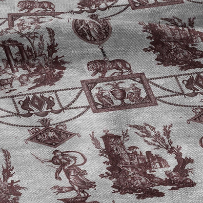 100% LINEN Fabric french red print oatmeal - Goddess Diana with Lion - toile de jouy - Diane chasseresse by Jean-Baptiste Huet 3419