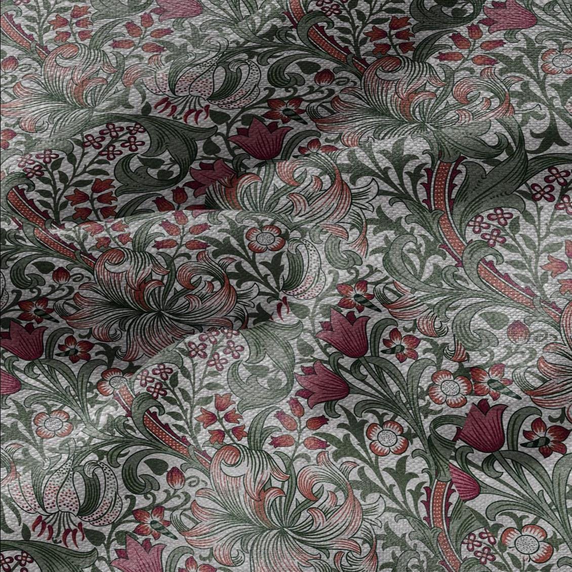 100% LINEN Fabric William Morris Golden Lily - oatmeal linen fabric with botanical print - Victorian Art Craft Historical green red 3230