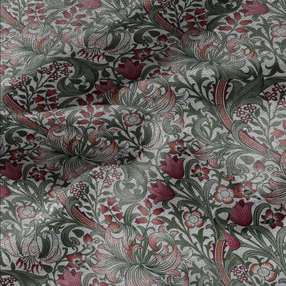 100% LINEN Fabric William Morris Golden Lily - oatmeal linen fabric with botanical print - Victorian Art Craft Historical green red 3230