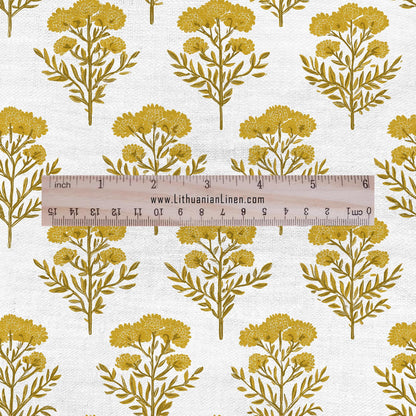 100% LINEN Fabric block print in mustard floral -tansy print heavy linen fabric for upholstery home decor dress making 2812