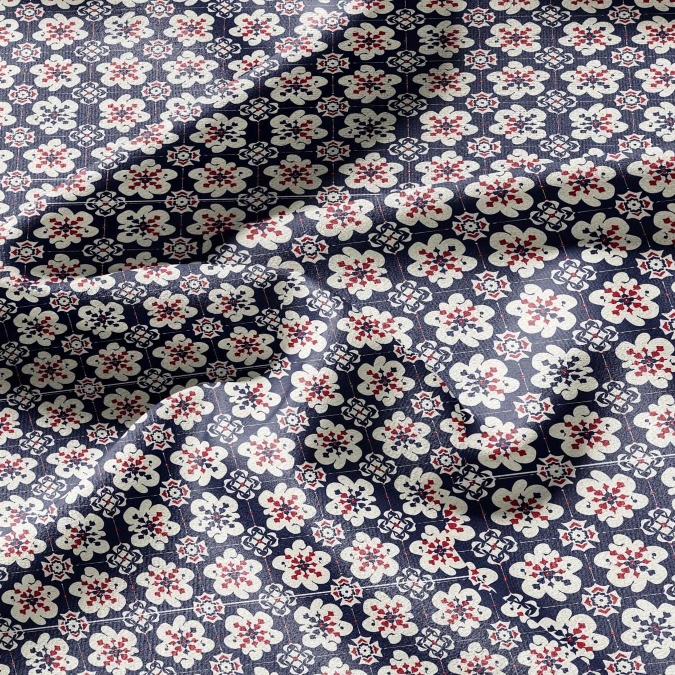 100% LINEN Fabric block print Korean Flower - red blue indigo floral print - heavy upholstery home decor - medium for clothing 2601