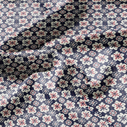 100% LINEN Fabric block print Korean Flower - red blue indigo floral print - heavy upholstery home decor - medium for clothing 2601