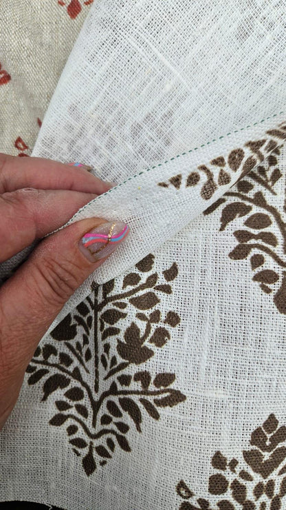 100% LINEN Fabric block print bron on white linen,  botanical fabric with brown indian block print on linen for home decor upholstery