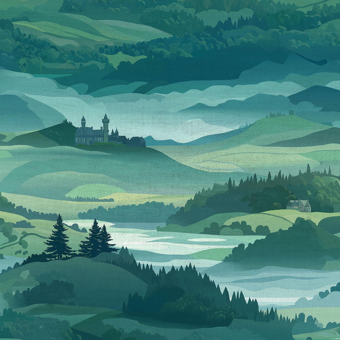 100% LINEN Fabric Bavaria landscape print -greenery forest castle linen heavy for upholstery home decor - medium for dress making 2901