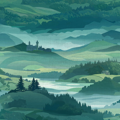 100% LINEN Fabric Bavaria landscape print -greenery forest castle linen heavy for upholstery home decor - medium for dress making 2901