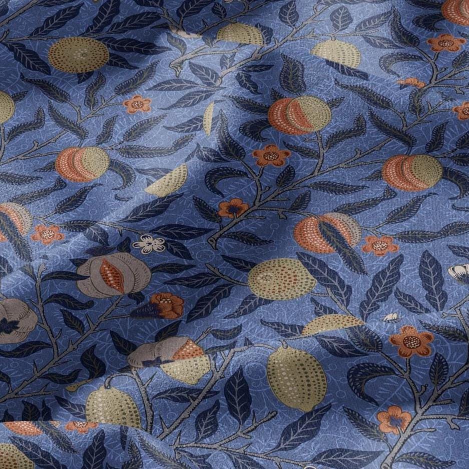 William Morris Fruits 100% LINEN Fabric - British linen floral upholstery - lemon Pomegranate home textile Victorian fabrics blue 3181
