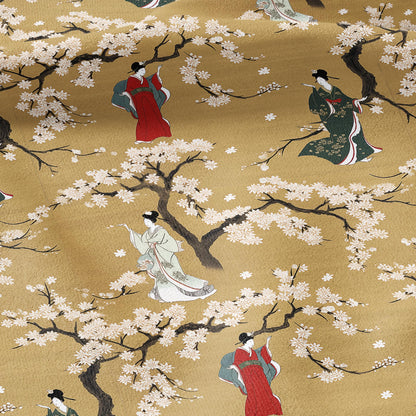 100% LINEN Fabric oriental print with geisha in cherry blossom -  botanical  heavy linen fabric for upholstery home decor 2770