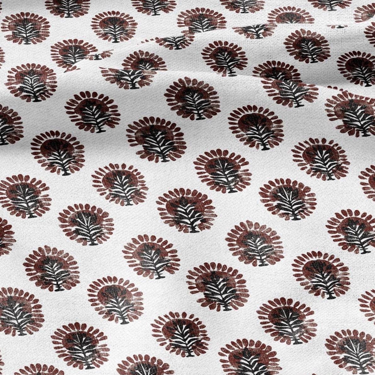 100% LINEN Fabric floral print - brown white stripe block print linen heavy for upholstery home decor - medium for dress making 2793