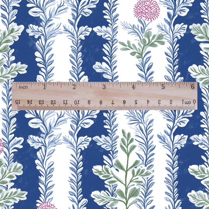 100% LINEN Fabric Floral stripe blue pink white - french botanical floral upholstery home textile Victorian fabrics 3092